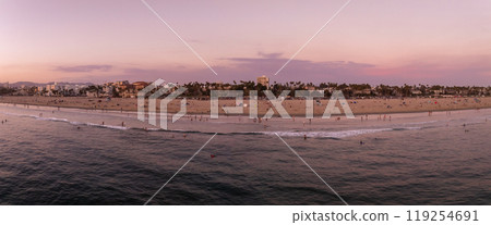 Panoramic aerial view of Venice Beach, Los Angeles, at sunset. People enjoy the shoreline, iconic palm trees, and urban skyline under a pink and purple sky. 119254691