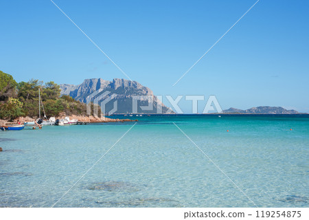 Experience the tranquil beauty of Sardinia with crystal clear waters, lush greenery, and the iconic Tavolara Island. Small boats dot the picturesque coastline. Experience the tranquil beauty of Sardinia with crystal clear waters, lush greenery, and the iconic Tavolara Island. Small boats dot the picturesque coastline. 119254875