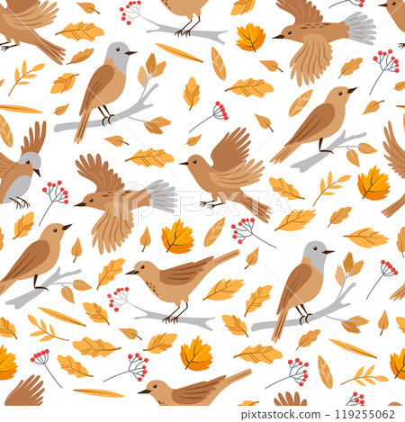 Forest birds vector seamless pattern. Birds and autumn leaves background. Print for packaging, wallpaper, textile. Forest birds vector seamless pattern. Birds and autumn leaves background. Print for packaging, wallpaper, textile. 119255062
