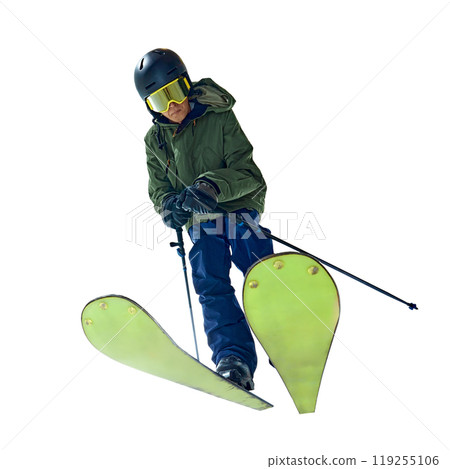 Wide-angle shot of skier leaning into the turn, maintaining control at high speed against white studio background. Intense skiing in action. Wide-angle shot of skier leaning into the turn, maintaining control at high speed against white studio background. Intense skiing in action. 119255106