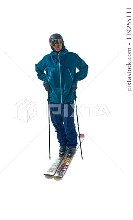 Skier stands confidently in full gear, ready for action against white studio background. Man in full gear ready for thrilling downhill run. 119255111