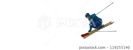 Mid-air with smooth posture, skier floats effortlessly through air against white studio background. Control and technique. Mid-air with smooth posture, skier floats effortlessly through air against white studio background. Control and technique. 119255140