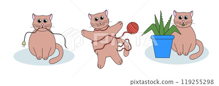 Set of problem with cat behavior. Kitten eat plant, play with ball of thread, chews up the wires. Cute flat illustration. Set of problem with cat behavior. Kitten eat plant, play with ball of thread, chews up the wires. Cute flat illustration. 119255298