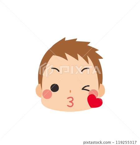 Emoji illustration of a cute little boy blowing a kiss, icon, face, expression, white background, vector 119255317