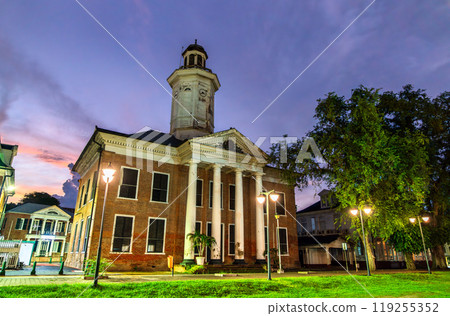 Historic building of Ministry of Finance of Suriname in Paramaribo at sunset 119255352