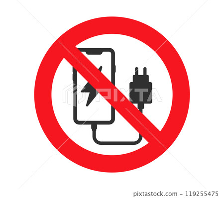 it is forbidden to charge the phone icon. No charging symbol.  logo of prohibited mobile phone charging. Vector illustration image. Isolated on white background. 119255475