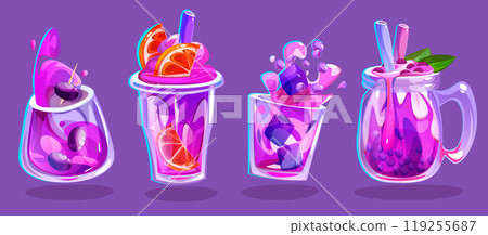 Pink cocktail in glass cup with splashes and straw Pink cocktail in glass cup with splashes and straw 119255687