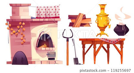 Old russian kitchen inside interior. Farm house Old russian kitchen inside interior. Farm house 119255697