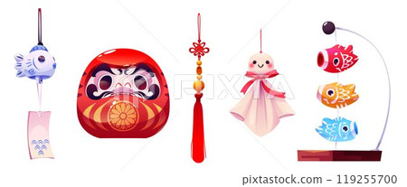 Chinese daruma doll, knot tassel and lucky carp 119255700
