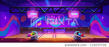 Bowling center interior with alley and pins 119255726