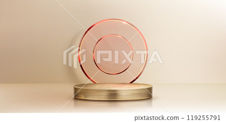 Wood cylinder product podium with glass circle 119255791