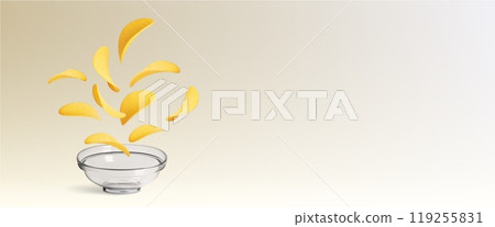 Potato chips falling in glass bowl Potato chips falling in glass bowl 119255831