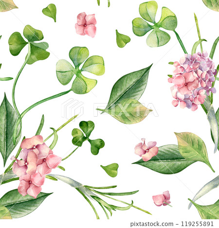 Shamrock, pink hydrangea and leaves watercolor seamless pattern isolated. Floral repeat background with spring flowers and herbs painted. Botanical art design for home textile, Happy Easter. Shamrock, pink hydrangea and leaves watercolor seamless pattern isolated. Floral repeat background with spring flowers and herbs painted. Botanical art design for home textile, Happy Easter. 119255891