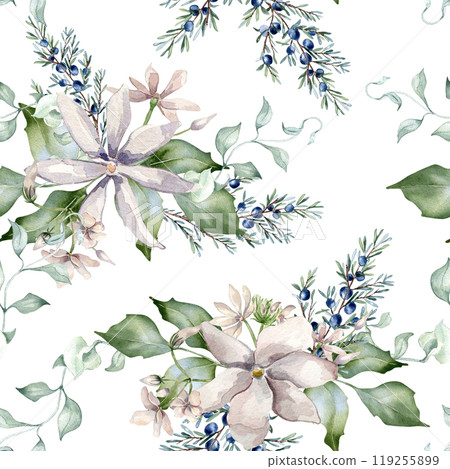 Jasmine pink flowers and juniper branch watercolor seamless pattern isolated. Floral repeated texture in soft tones hand drawn. Blooms and coniferous painted for wedding, Christmas background. 119255899