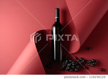 Bottle of red wine and blue grapes. 119256120