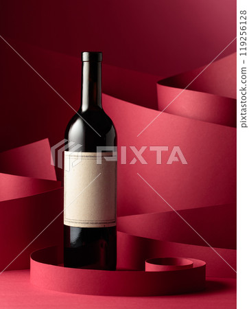 Bottle of red wine with old empty label. 119256128