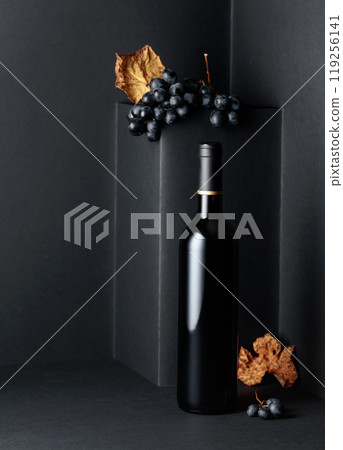 Bottle of red wine and blue grapes with dried up vine leaves on a black background. Bottle of red wine and blue grapes with dried up vine leaves on a black background. 119256141