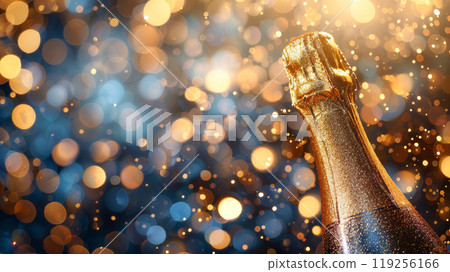 Festive champagne bottle with golden glitter bokeh for celebration designs 119256166
