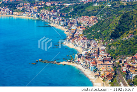 Aerial view of Giardini Naxos, comune in Messina on Sicily Island, Italy 119256167