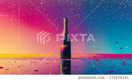 Elegant champagne bottle with golden glitter sparkles for celebratory events and party themes Elegant champagne bottle with golden glitter sparkles for celebratory events and party themes 119256281