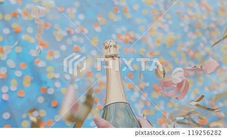 Champagne celebration with glittering confetti and festive ribbons for party decor design Champagne celebration with glittering confetti and festive ribbons for party decor design 119256282