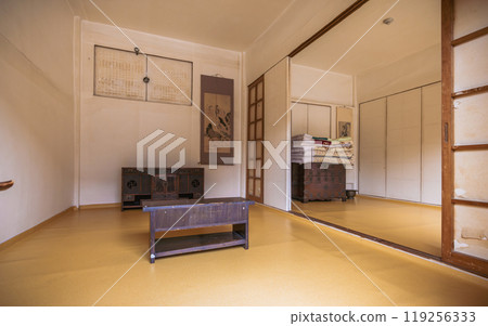 Traditional Korean interior in Namsangol Hanok Village, Seoul, with wooden furniture, folded bedding, and hanging scrolls. The room features minimalist decor and sliding doors reflecting cultural Traditional Korean interior in Namsangol Hanok Village, Seoul, with wooden furniture, folded bedding, and hanging scrolls. The room features minimalist decor and sliding doors reflecting cultural 119256333