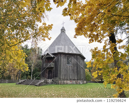 Wooden church at the Ethnographic Open-Air Museum of Lithuania in Kaunas. 119256624