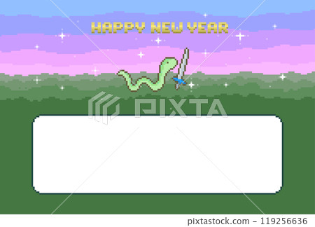 A brave snake marching vigorously through a cute and dreamy meadow, a nostalgic pixel art for New Year's cards A brave snake marching vigorously through a cute and dreamy meadow, a nostalgic pixel art for New Year's cards 119256636