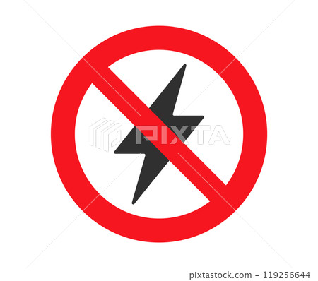 No power, charging. Antistatic material flash icon. Static electricity lightning bolt sign. No electricity warning symbol. No energy power, voltage or electricity logo. Vector illustration image. No power, charging. Antistatic material flash icon. Static electricity lightning bolt sign. No electricity warning symbol. No energy power, voltage or electricity logo. Vector illustration image. 119256644