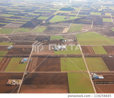 Fields spreading across the Tokachi Plain, before landing at Tokachi Obihiro Airport, Hokkaido 119256685