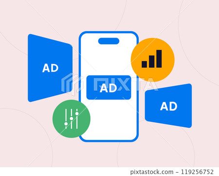 Mobile advertising with ad controls and personalization settings. Set up device targeting and optimize native ads with best sizes and formats. Vector illustration of programmatic ad formats Mobile advertising with ad controls and personalization settings. Set up device targeting and optimize native ads with best sizes and formats. Vector illustration of programmatic ad formats 119256752