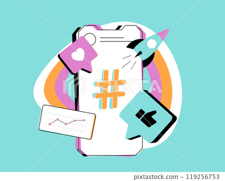 Optimizing posts for search visibility with hashtag strategies and social media SEO. Hashtag challenges and viral videos boost engagement and content reach. Isolated vector illustration Optimizing posts for search visibility with hashtag strategies and social media SEO. Hashtag challenges and viral videos boost engagement and content reach. Isolated vector illustration 119256753