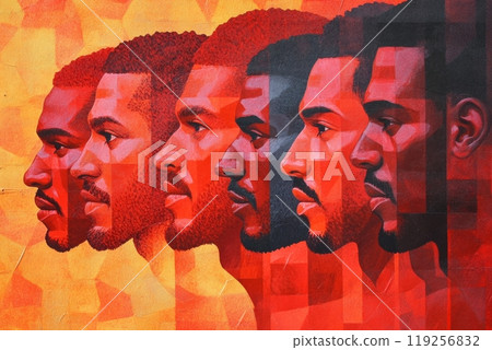 Vibrant geometric art of diverse faces in red and orange tones. Vibrant geometric art of diverse faces in red and orange tones. 119256832