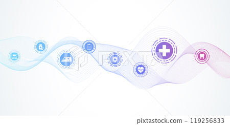 Modern health care banner template with flat icons. Medical innovation concept for header, web banner, website, presentation. Vector illustration 119256833