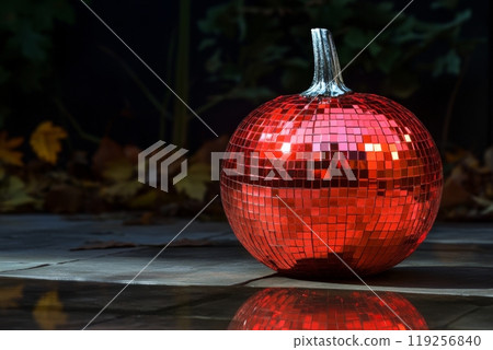 Reflective red disco pumpkin on autumn evening patio. Halloween celebration Reflective red disco pumpkin on autumn evening patio. Halloween celebration 119256840