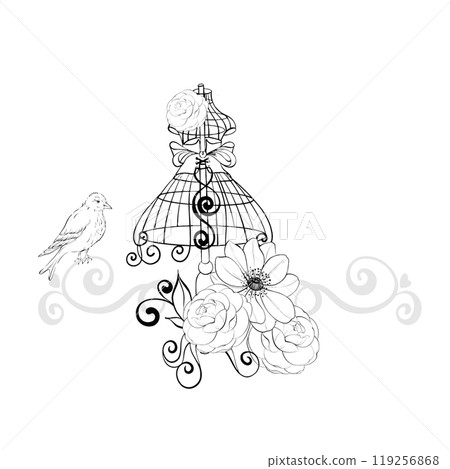 Vintage mannequin with floral arrangement - roses and anemone with beard. Old fashioned, dressmaker arrangement. Romantic and elegance sewing and tailor for postcards. Graphic vector line, hand drawn 119256868