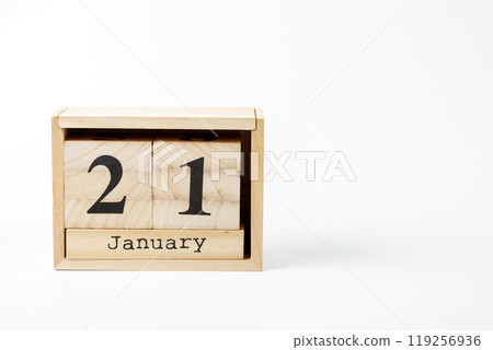Wooden calendar January 21 on a white background Wooden calendar January 21 on a white background 119256936