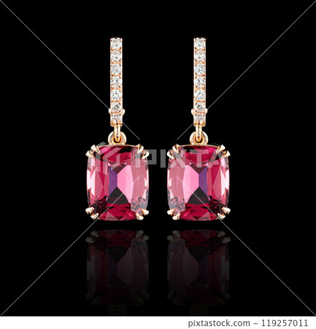 beautiful gold earrings with tourmaline and diamonds on a black background 119257011