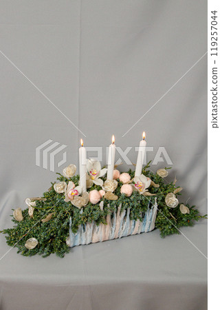 Christmas composition of flowers and Christmas decorations 119257044