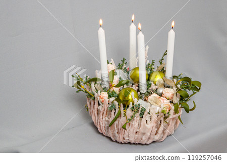 Christmas composition of flowers and Christmas decorations 119257046