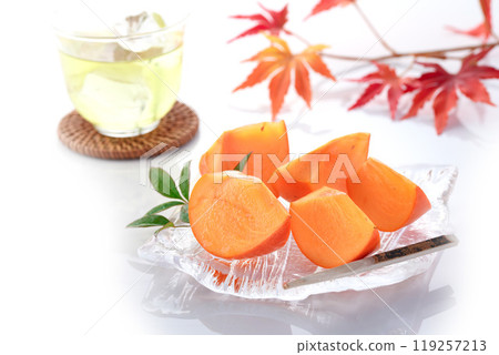 Taste of autumn: Persimmons served on a transparent plate (white background) Taste of autumn: Persimmons served on a transparent plate (white background) 119257213