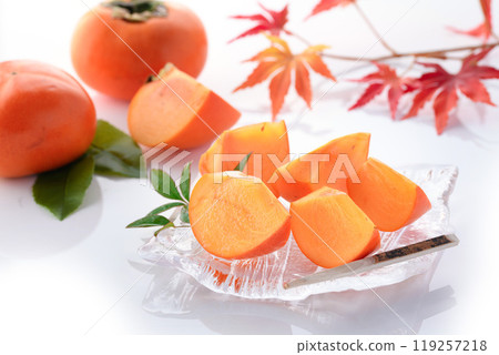 Taste of autumn: Persimmons served on a transparent plate (white background) Taste of autumn: Persimmons served on a transparent plate (white background) 119257218