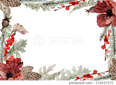 Poppy anemone flower, spruce fir tree branches cones, berries. Watercolor hand drawn illustration, border frame isolated on white. Xmas, happy new year festive, noel navidad holiday. For cards, gifts. 119257272