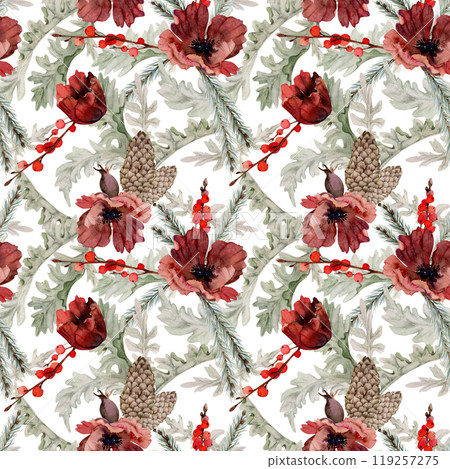 Poppy anemone flower, spruce fir tree branches cones, berries. Watercolor hand drawn illustration seamless pattern isolated on white. Xmas, happy new year festive, noel navidad holiday. Paper, textile Poppy anemone flower, spruce fir tree branches cones, berries. Watercolor hand drawn illustration seamless pattern isolated on white. Xmas, happy new year festive, noel navidad holiday. Paper, textile 119257275