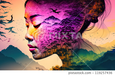 Serene portrait of a Chinese woman seamlessly merging with the vibrant landscapes of China during twilight, surrounded by natures beauty 119257436