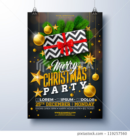 Vector Merry Christmas Party Flyer Design with Ornament Ball, Gift Box and Star on Black Background. Holiday Season Celebration Poster Illustration with Typography Letter for Greeting Card, Banner Vector Merry Christmas Party Flyer Design with Ornament Ball, Gift Box and Star on Black Background. Holiday Season Celebration Poster Illustration with Typography Letter for Greeting Card, Banner 119257560