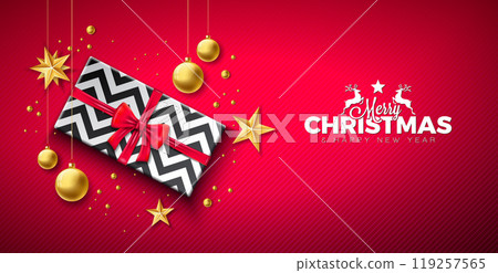 Merry Christmas and Happy New Year Illustration with Gift Box, Golden Star, Glass Ball and Typography Letter on Red Background. Vector Holiday Season Banner Design for Greeting Card, Party Flyer 119257565