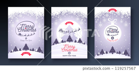Merry Christmas and Happy New Year Greeting Card Design Set with Santa Sleigh and the Reindeer and Typography Letter on Clean Background. Vector Holiday Season Illustration for Banner, Party Flyer 119257567