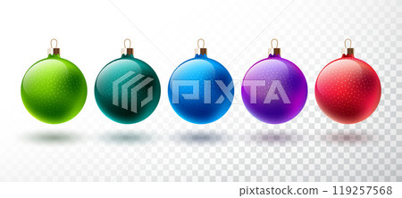 Merry Christmas Illustration with Colorful Glass Ball Set Isolated on Transparent Background. Vector Holiday Season Ornament Design for Banner, Greeting Card, Party Flyer, Celebration Poster and Merry Christmas Illustration with Colorful Glass Ball Set Isolated on Transparent Background. Vector Holiday Season Ornament Design for Banner, Greeting Card, Party Flyer, Celebration Poster and 119257568