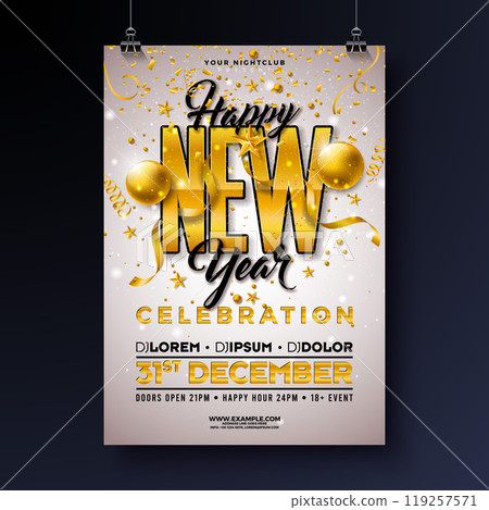 Happy New Year 2025 Party Celebration Poster Template Illustration with Typography Lettering and Golden Christmas Ball on Light Background. Vector New Year Eve Holiday Flyer Design. Premium Invitation 119257571